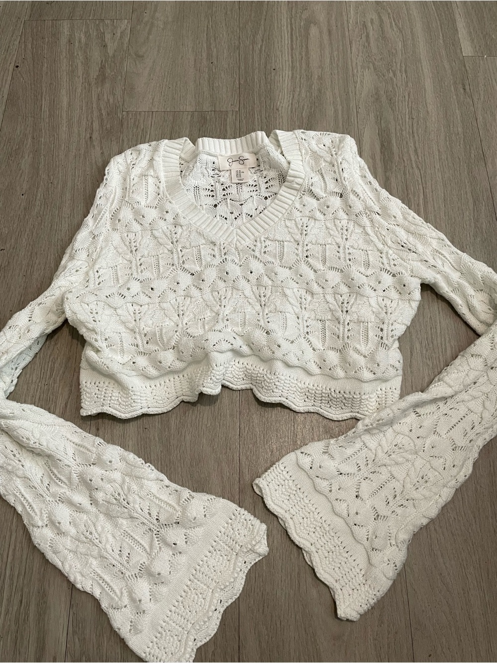 Jessica Simpson White Crochet V-Neck Cropped Sweater
